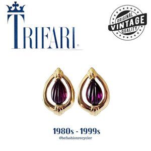 Vintage Trifari Jewelry Gold Tone With Purple Glass Stone Earrings